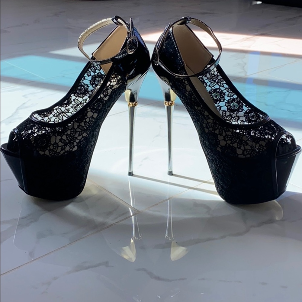 Platform Black Ankle Strap Stiletto Pumps